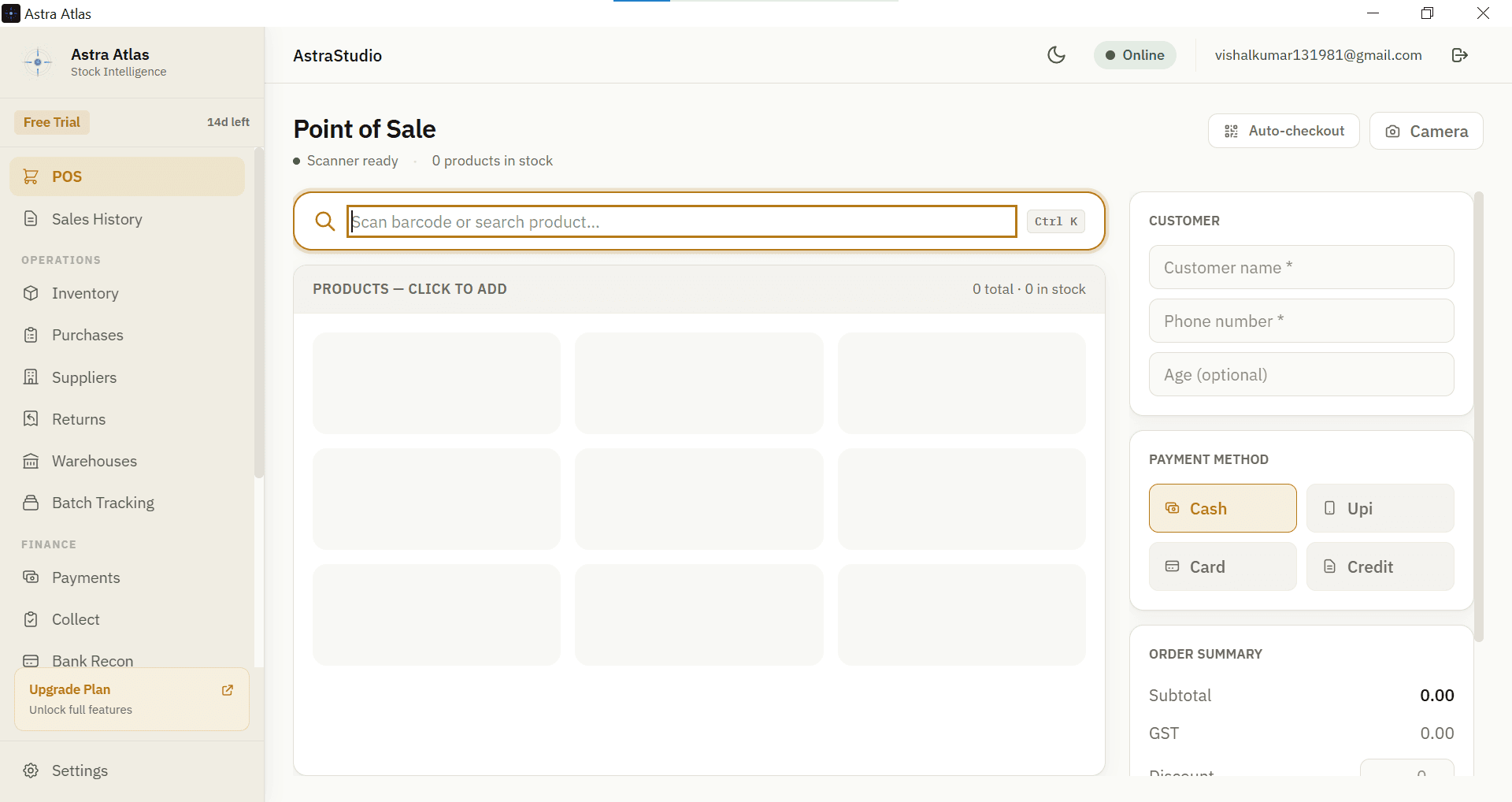 Astra Atlas point of sale screen — barcode billing, payment methods and GST order summary