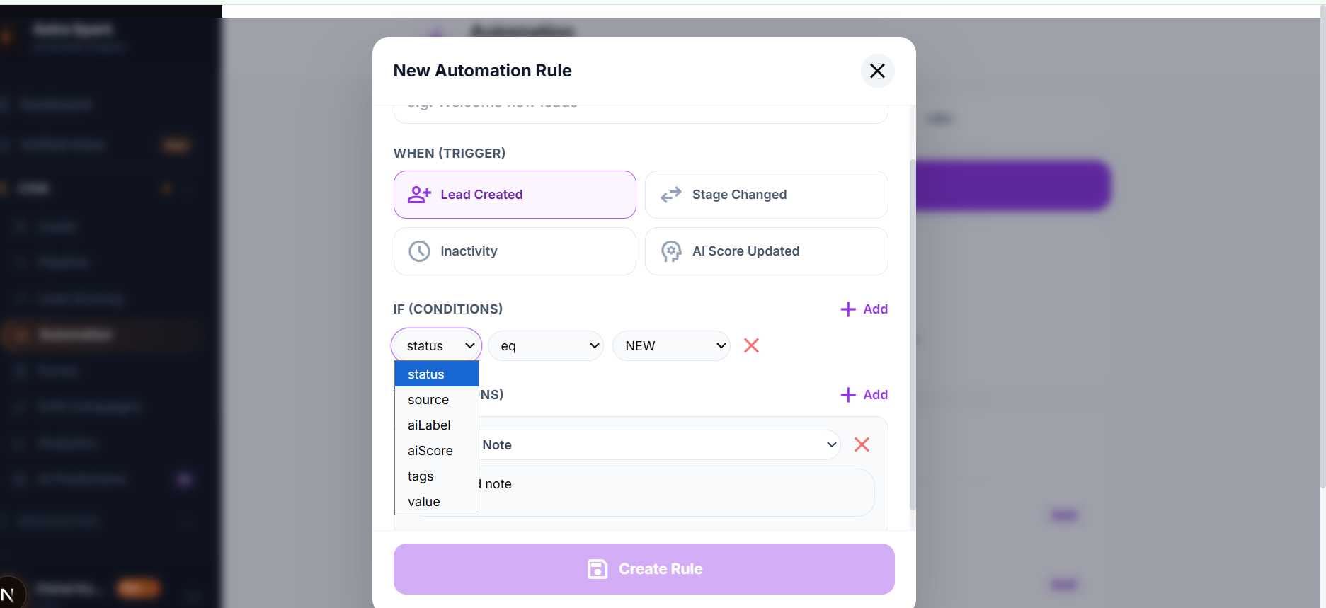 Astra Spark CRM Automation — rule builder showing trigger conditions for lead created, stage changed, and AI score updated