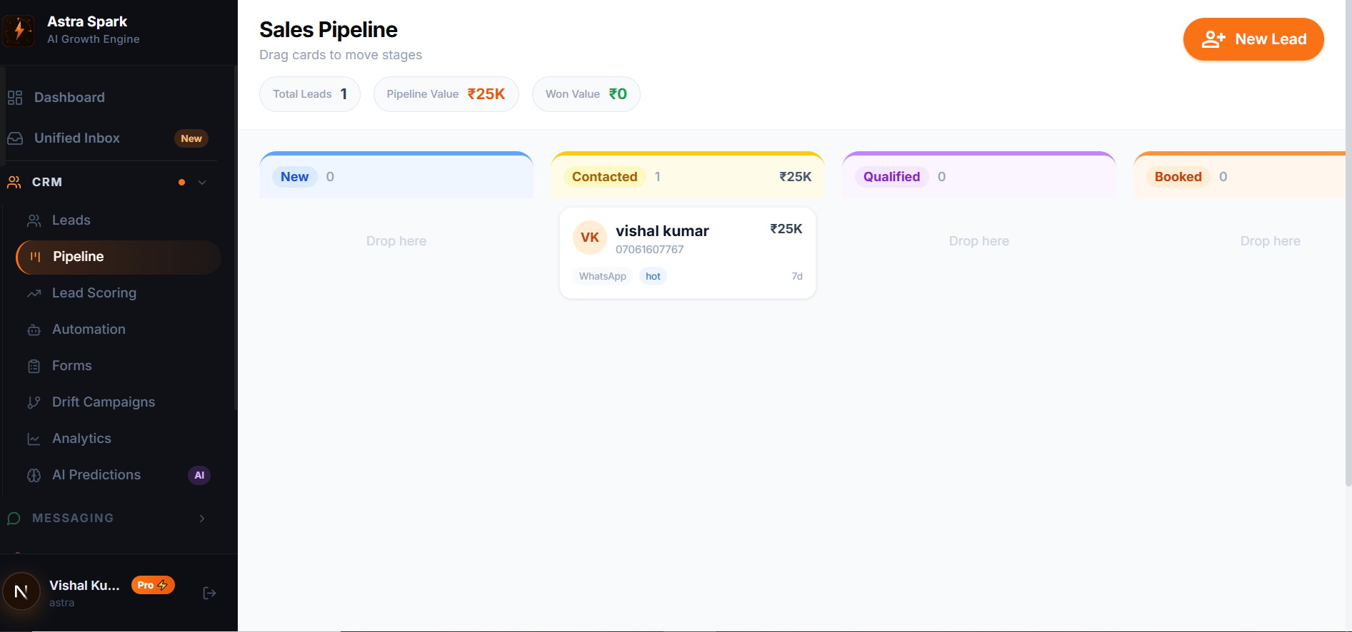 Astra Spark CRM Sales Pipeline — kanban view with New, Contacted, Qualified, and Booked stages showing deal values in ₹