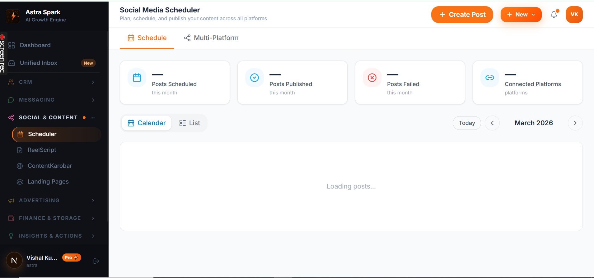 Astra Spark Social Media Scheduler — schedule posts across Facebook, Instagram, Twitter and LinkedIn from one dashboard